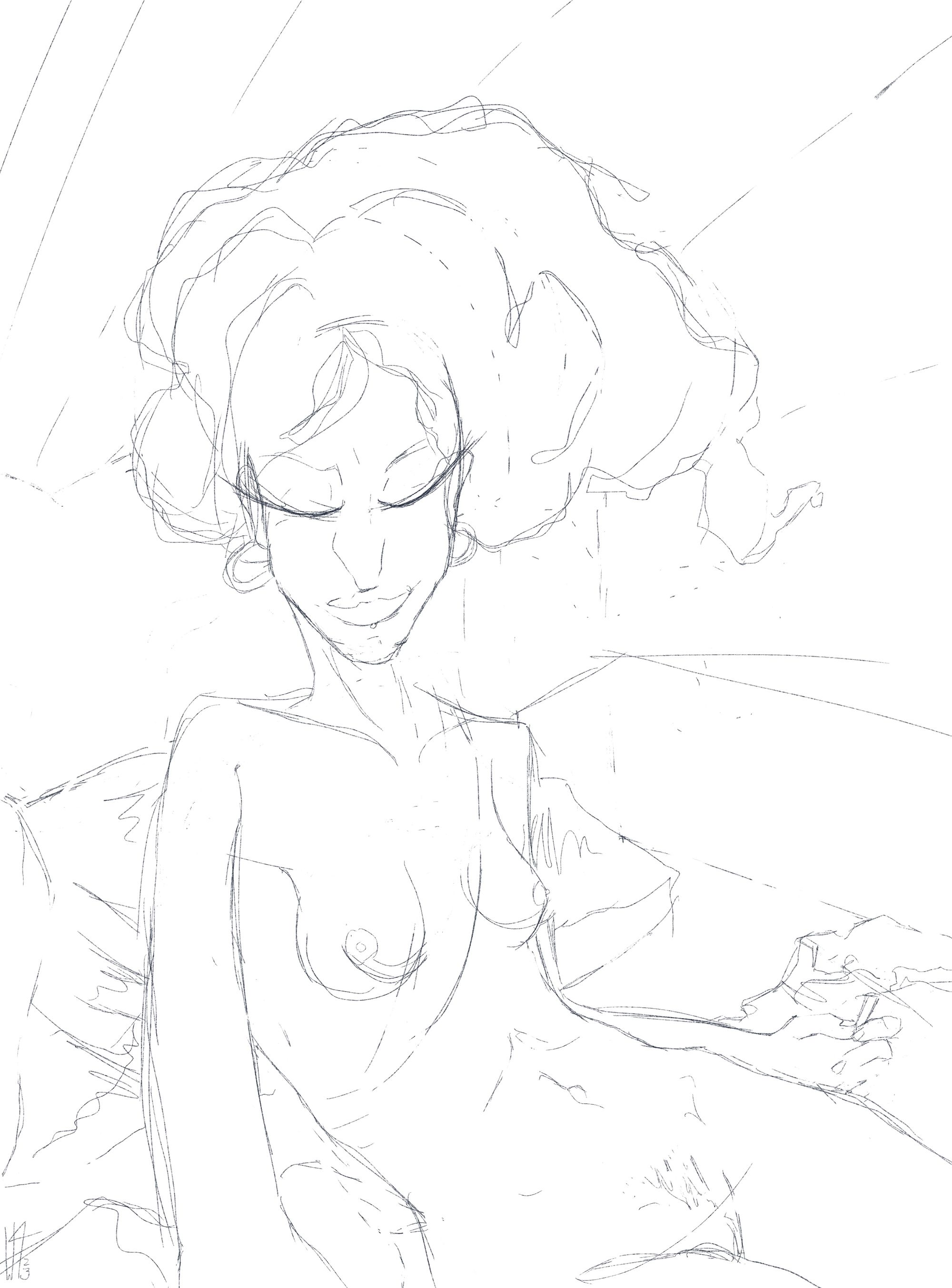 A woman reclines nude on her bed, a peaceful smile on her face. She wears small hoop earrings and holds a smoldering hand-rolled cigarette between her thumb and forefinger. Her hair is voluminous and floats like a cloud behind her head. The drawing is littered with sketch lines, partially erased.